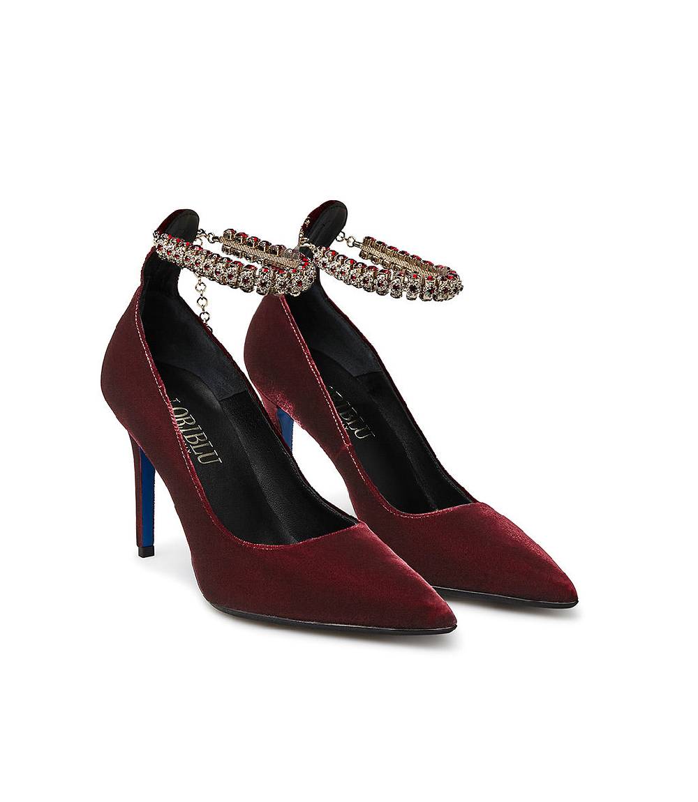 Loriblu Décolleté in velluto rosso rubino con cinturino gioiello Outlet