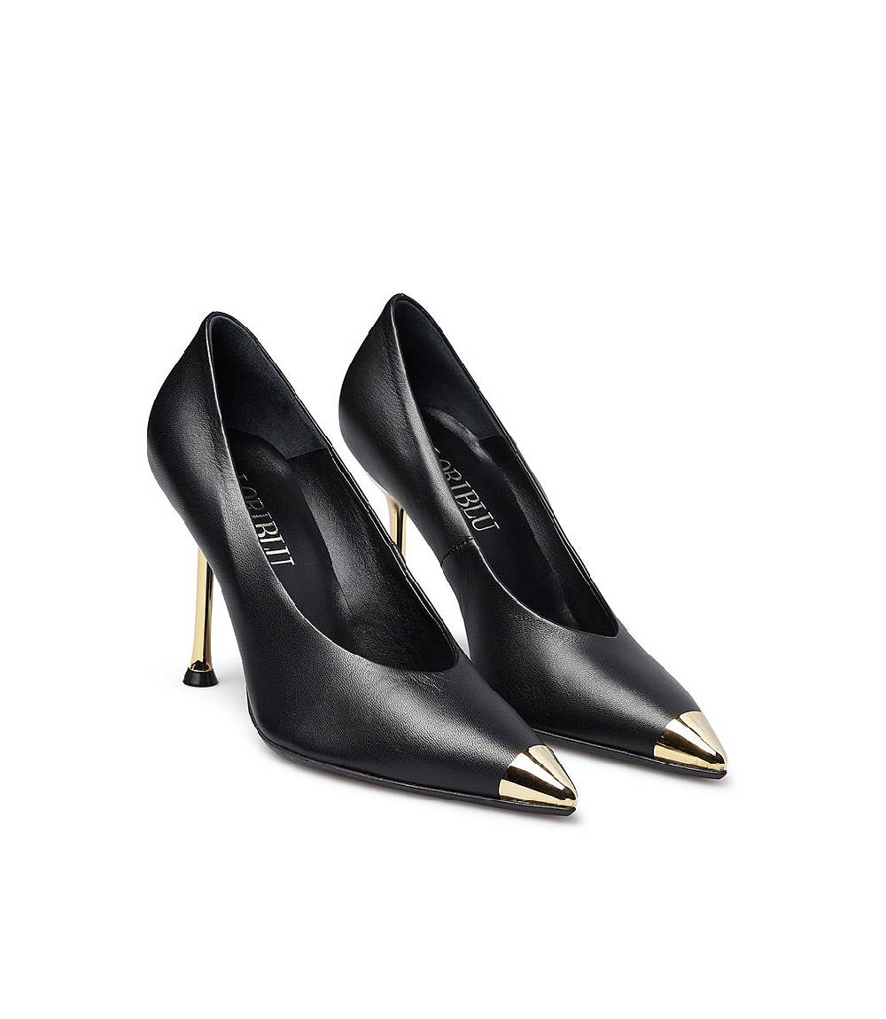 Loriblu Décolleté in nappa nera con tacco e punta in metallo oro In Vendita