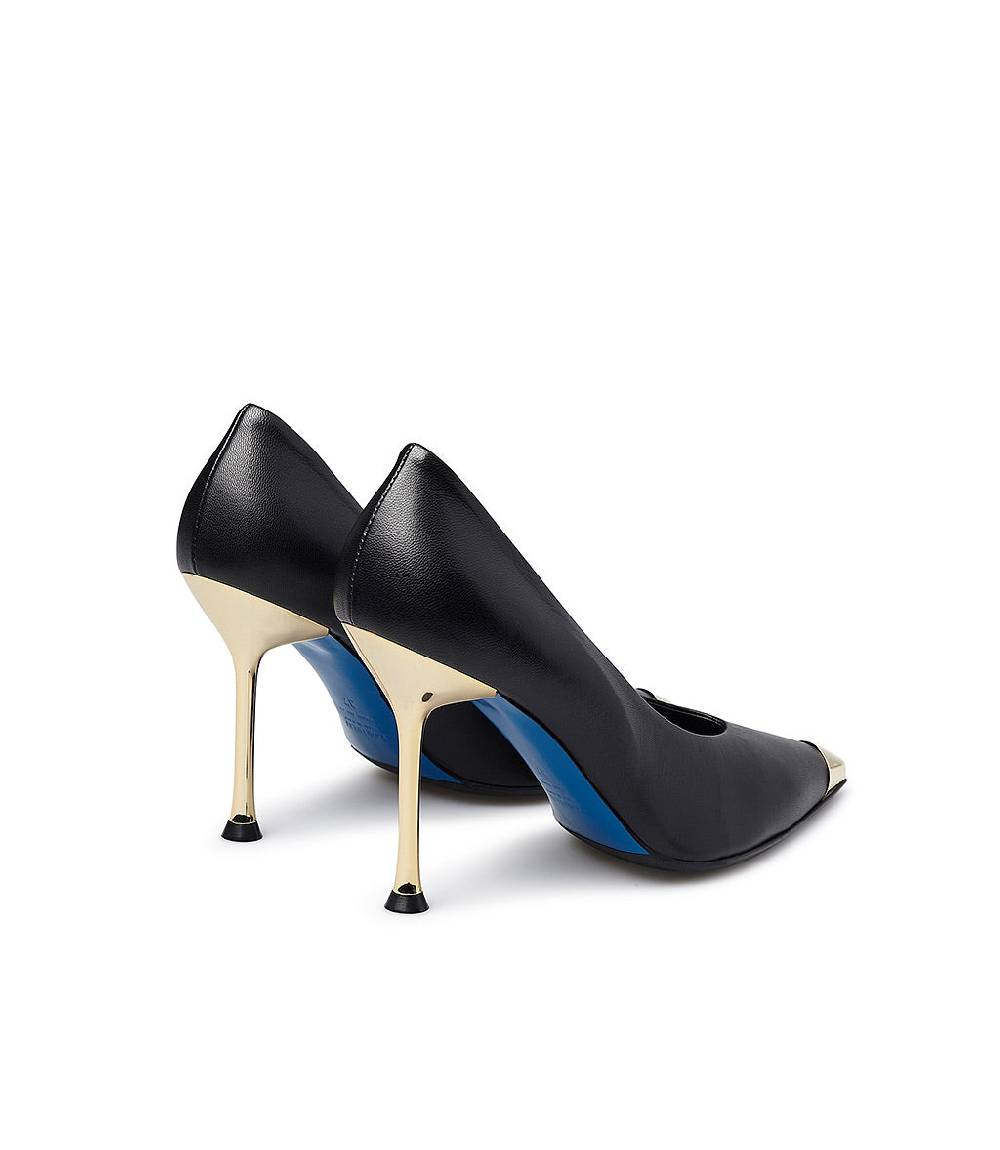Loriblu Décolleté in nappa nera con tacco e punta in metallo oro In Vendita