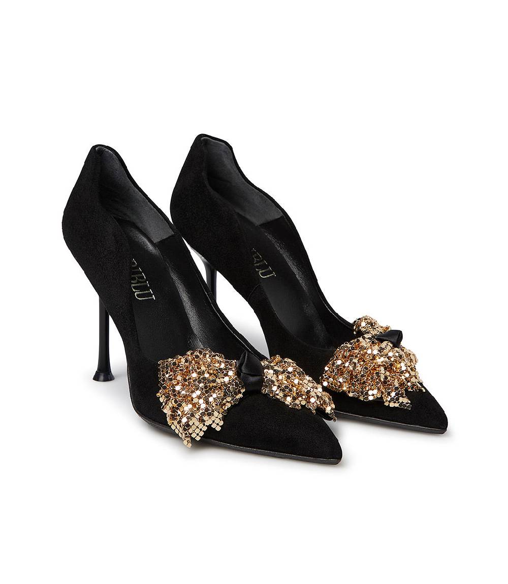 Loriblu Décolleté onda in camoscio nero con fiocco full metal oro Saldi