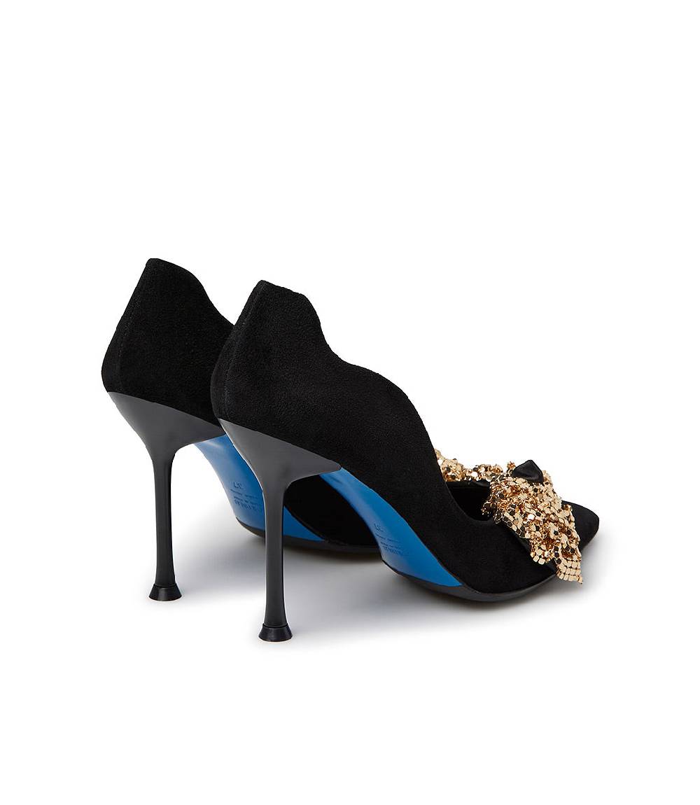 Loriblu Décolleté onda in camoscio nero con fiocco full metal oro Saldi