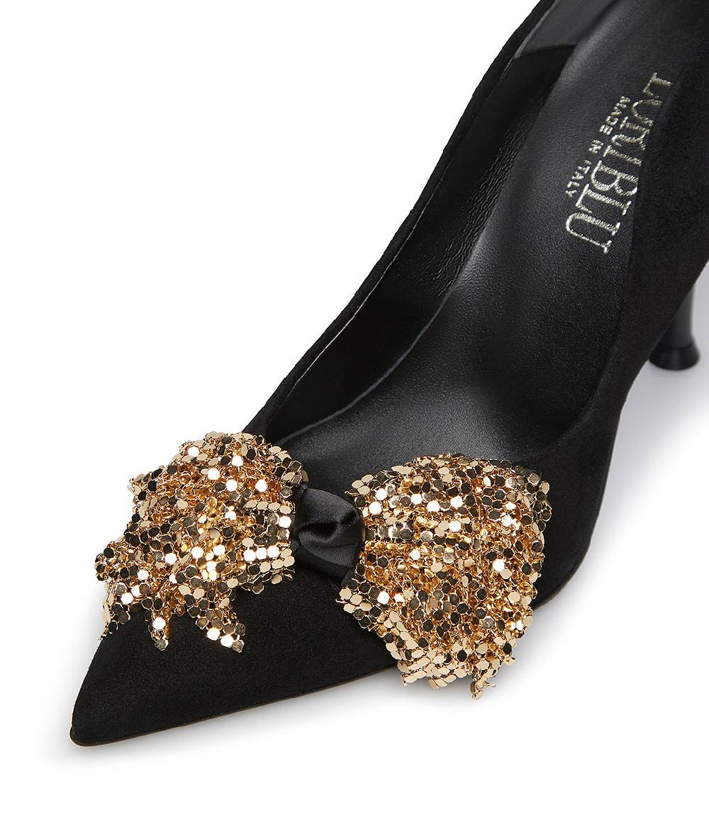 Loriblu Décolleté onda in camoscio nero con fiocco full metal oro Saldi