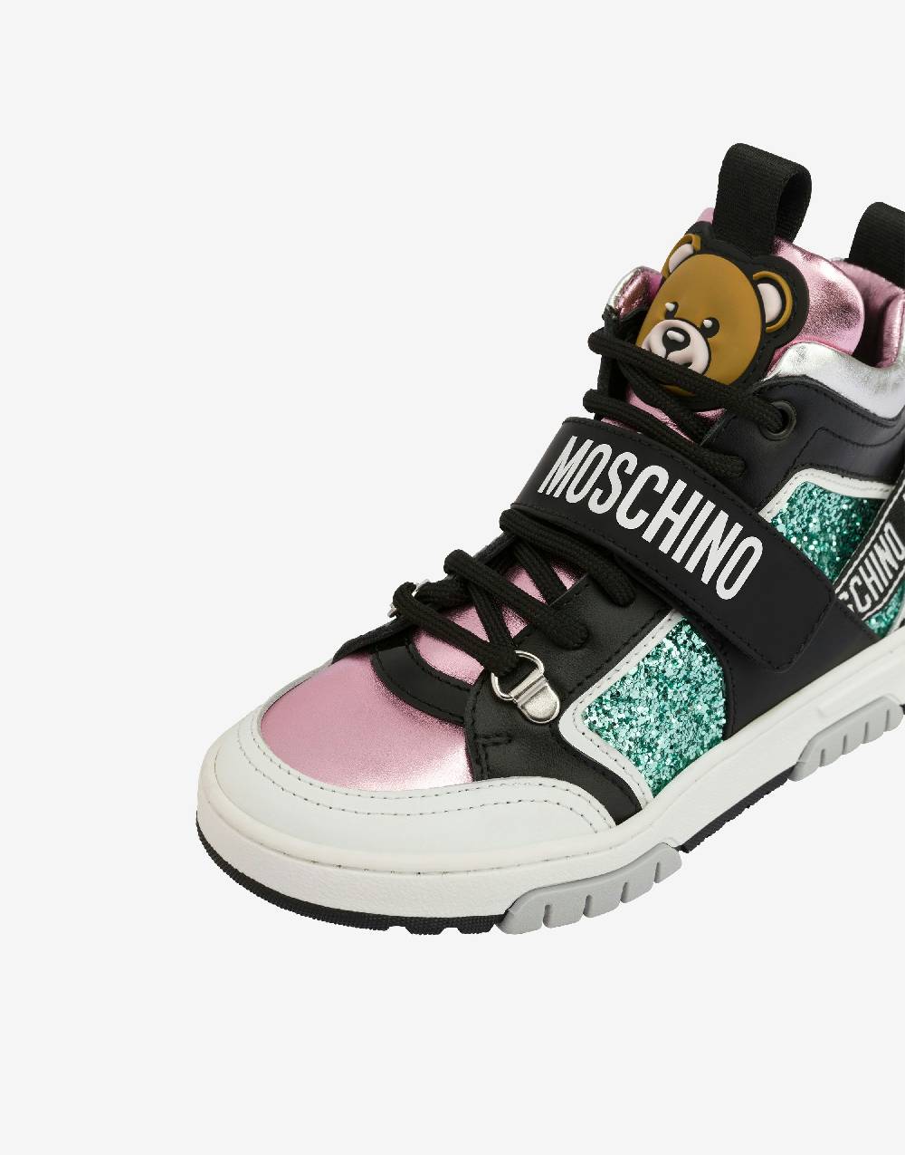 Love Moschino Sneakers alte in vitello e glitter Teddy Patch Vendita Calda