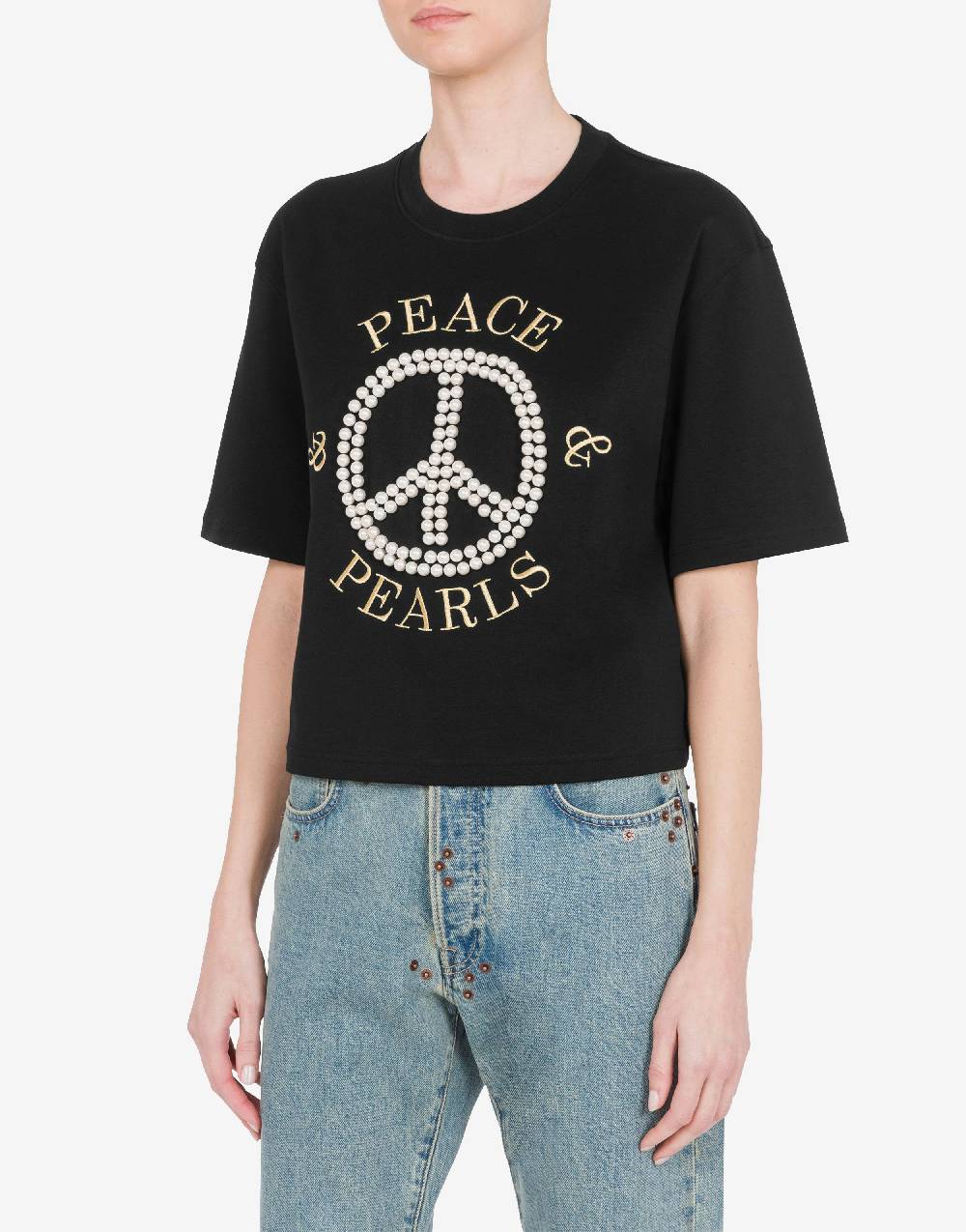 Love Moschino T-shirt in interlock di cotone Peace & Pearls Consegna Veloce