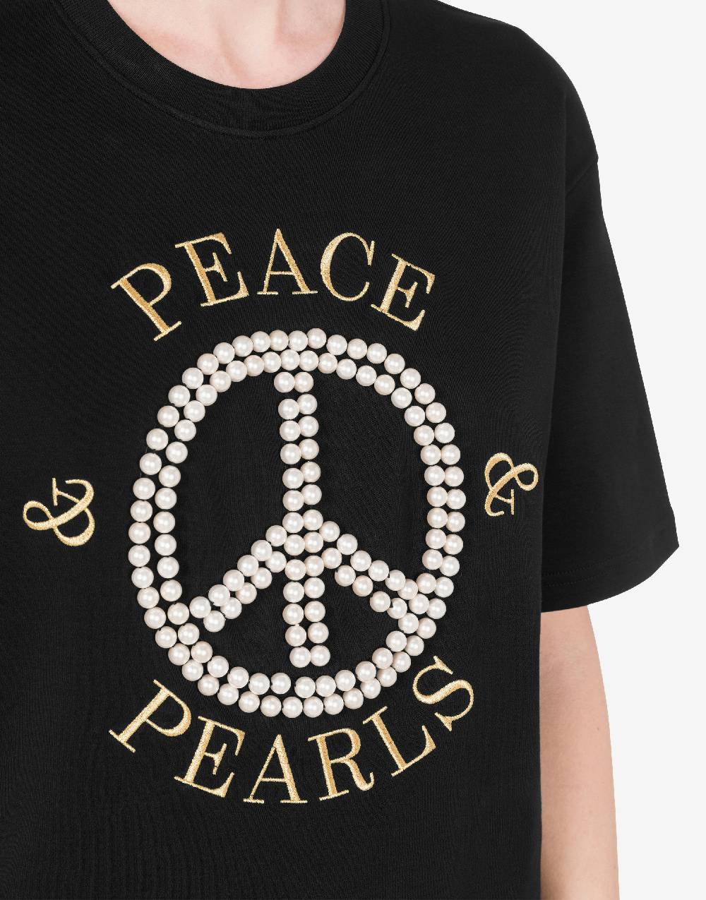 Love Moschino T-shirt in interlock di cotone Peace & Pearls Consegna Veloce