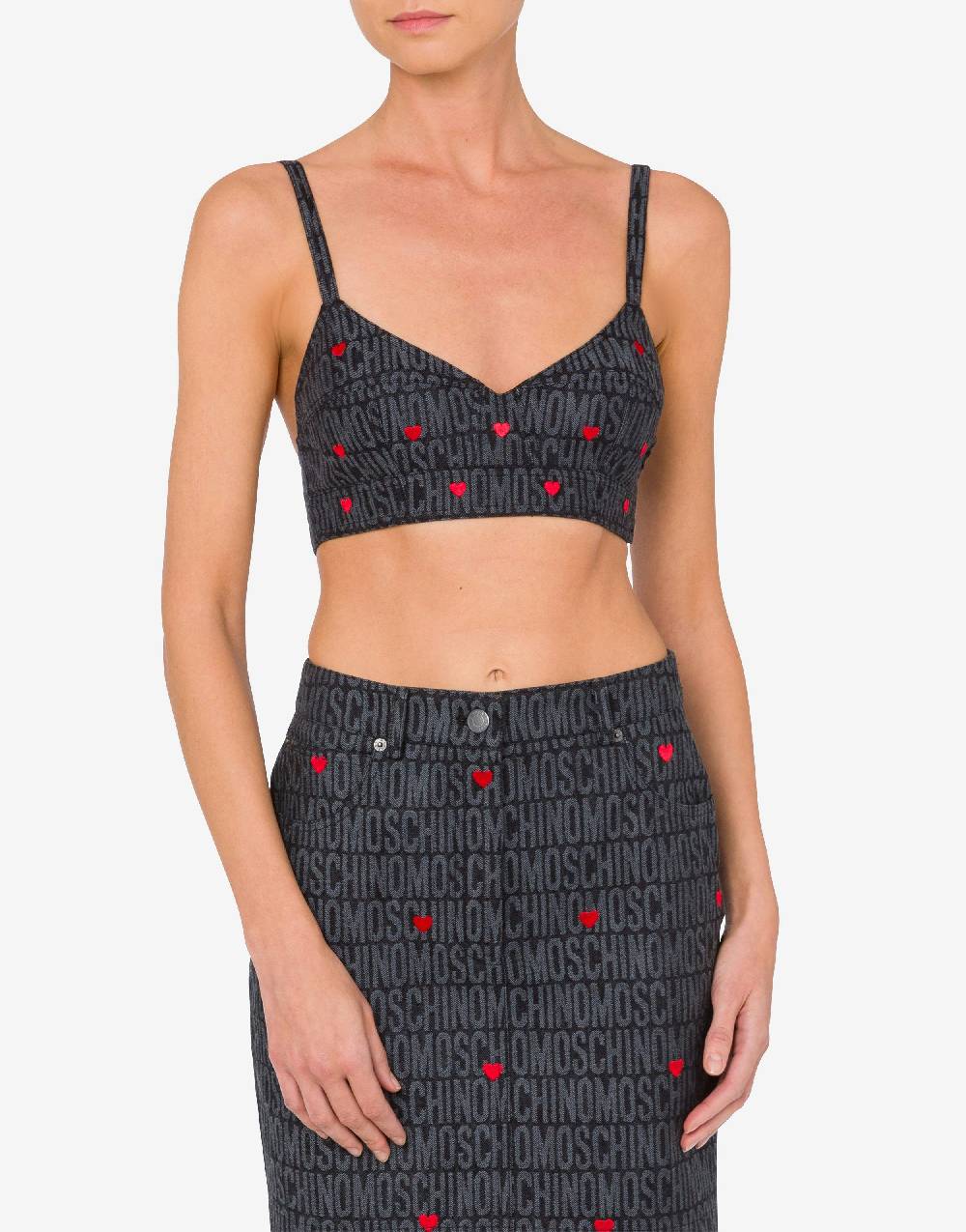 Love Moschino Crop top in denim con cuori Allover Logo Acquista Ora