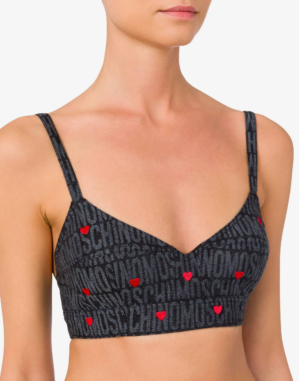 Love Moschino Crop top in denim con cuori Allover Logo Acquista Ora