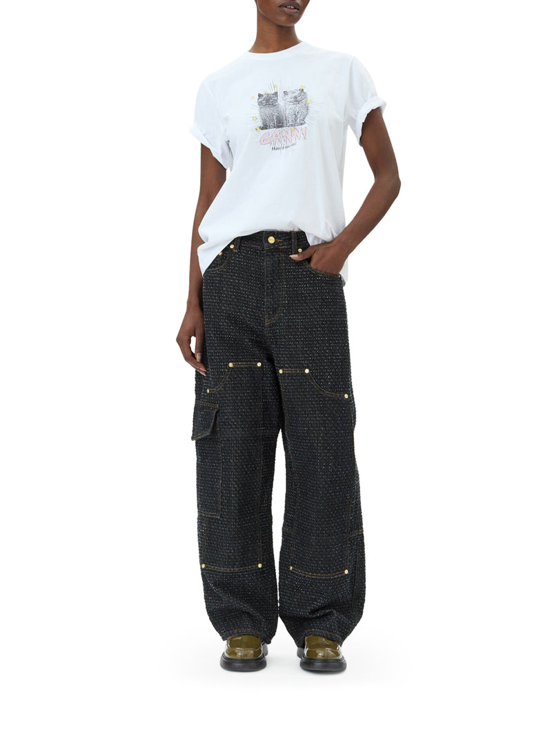 Suitnegozi T-SHIRT RELAX CON GATTI IN JERSEY BIANCO BASIC Nuova