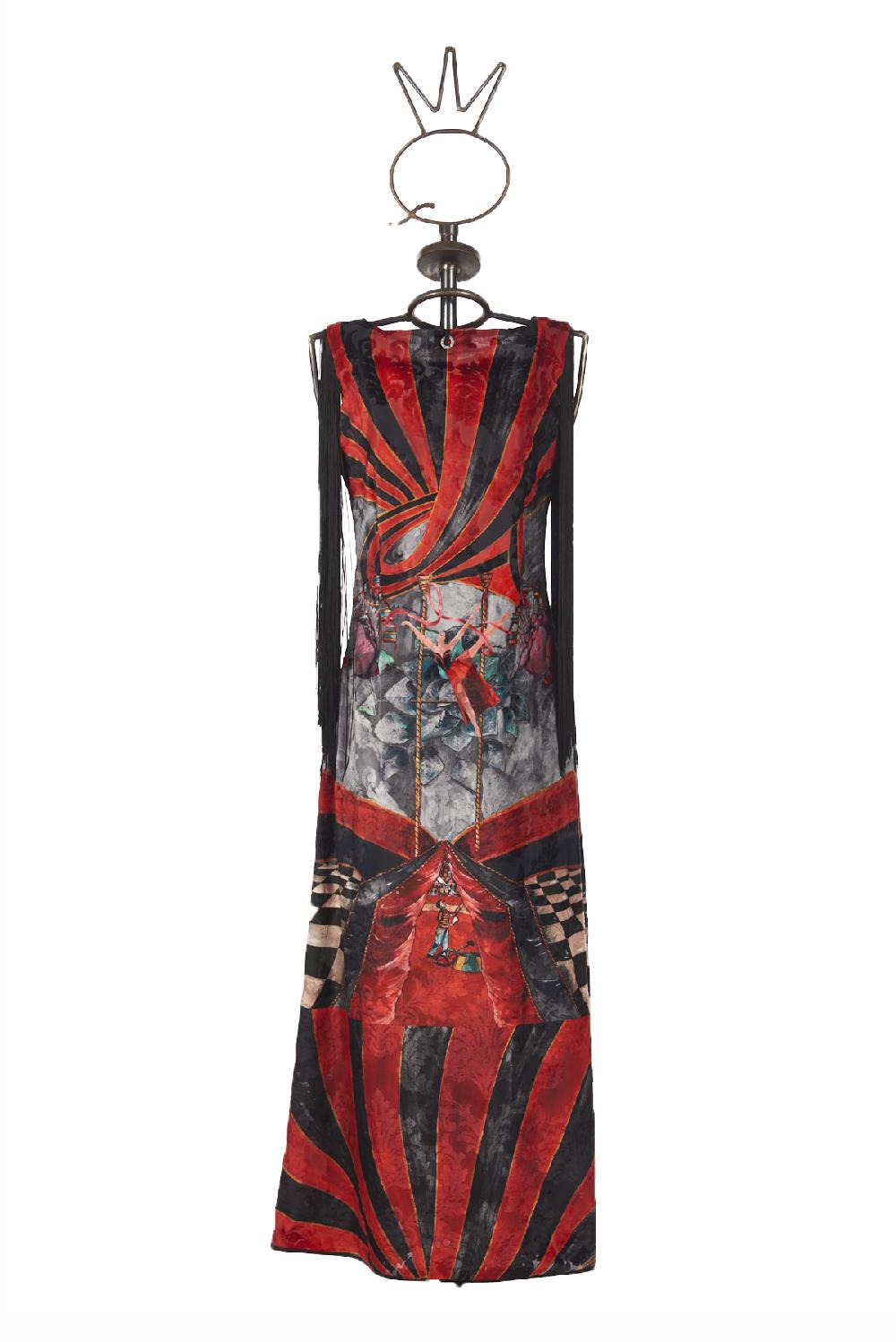 Save The Queen vestito lungo in tessuto devorè con stampa dedicata al Circo Qualità