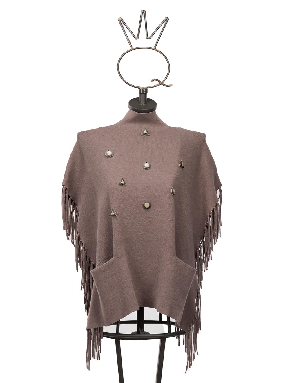 Save The Queen Maglia poncho color tortora in viscosa con applicazioni Pezzi Unici