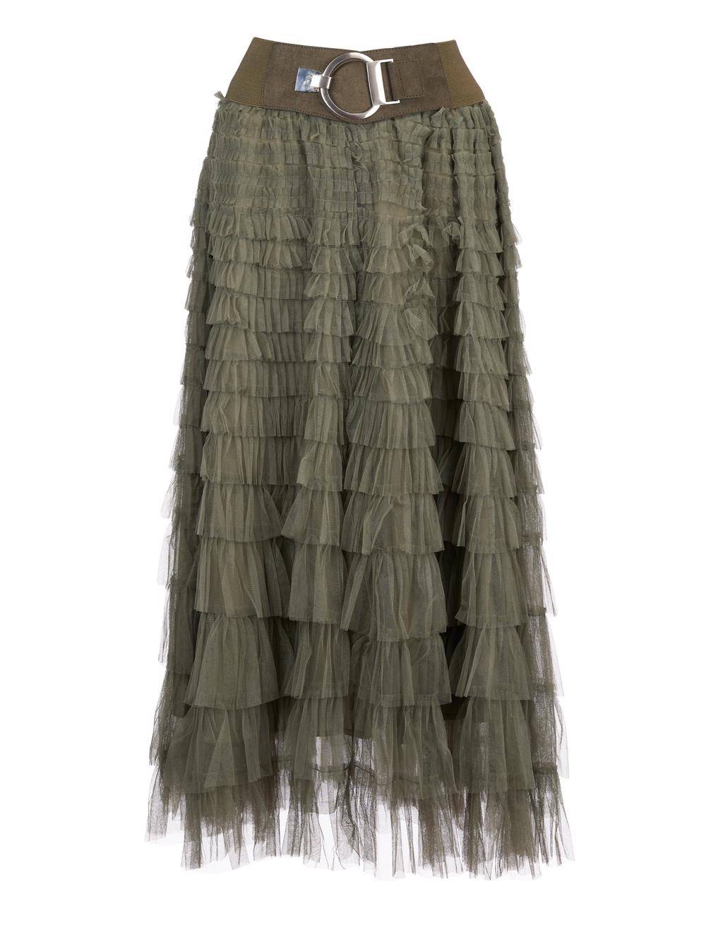 Save The Queen Gonna lunga a balze in tulle verde militare Pezzi Unici