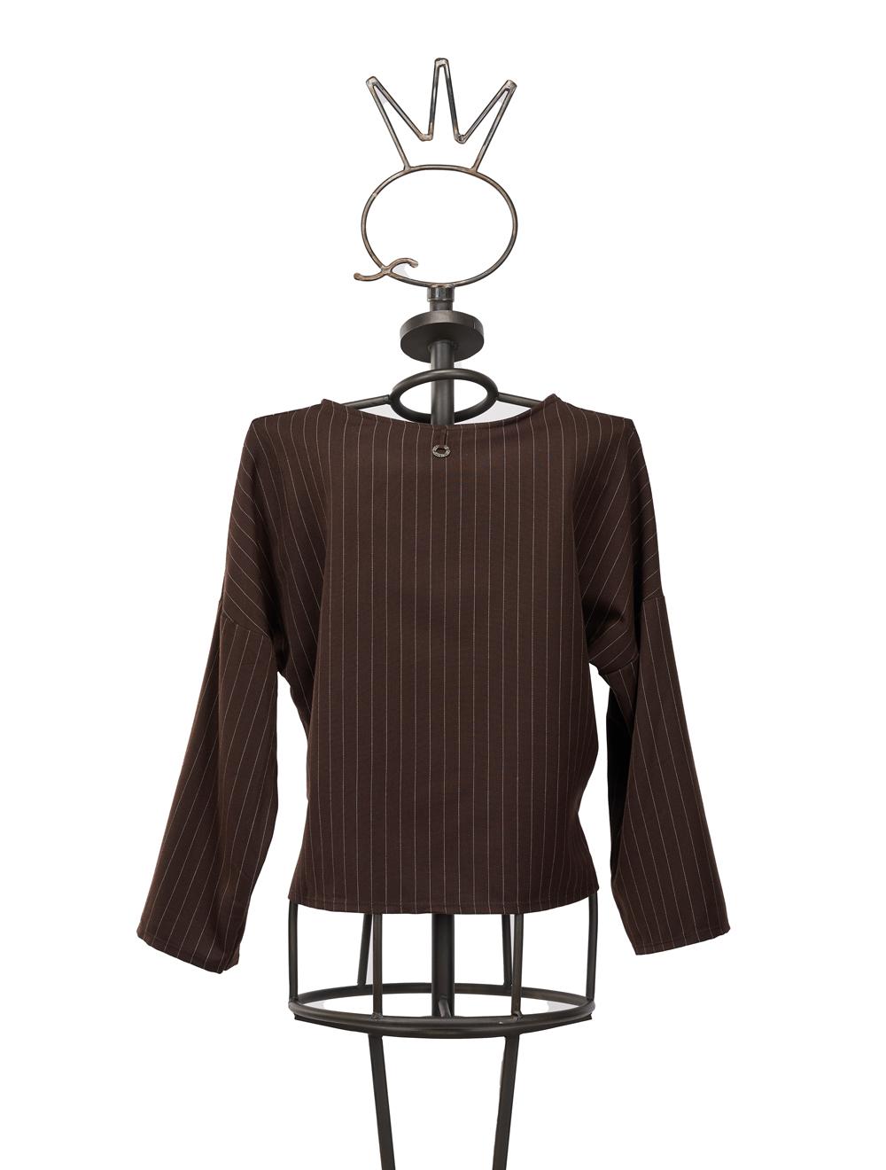 Save The Queen Blusa marrone in tessuto gessato con applicazione 2025