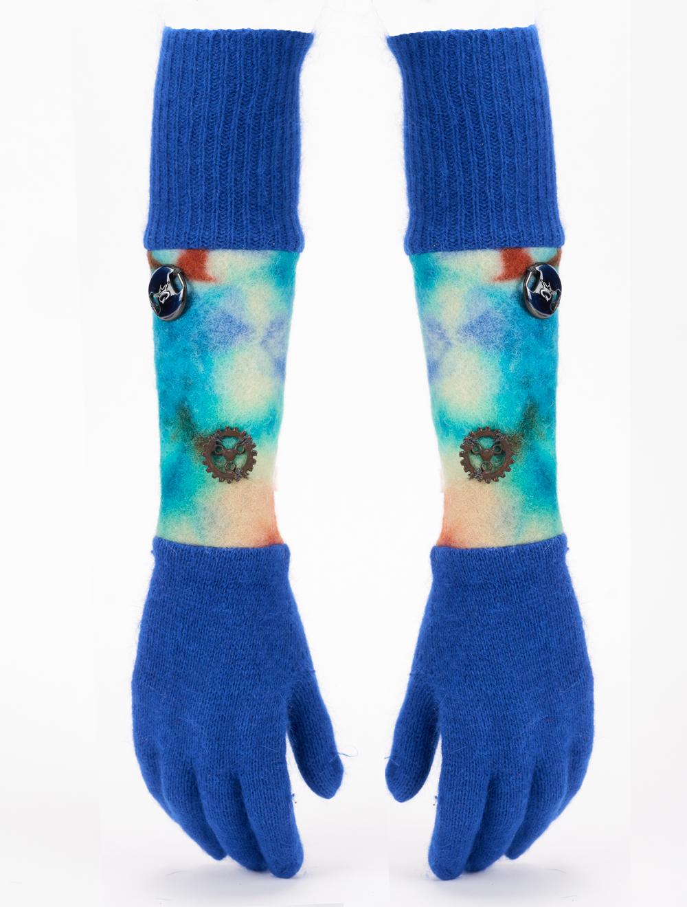 Save The Queen Guanti blu di angora con manica in lana cotta tie-dye