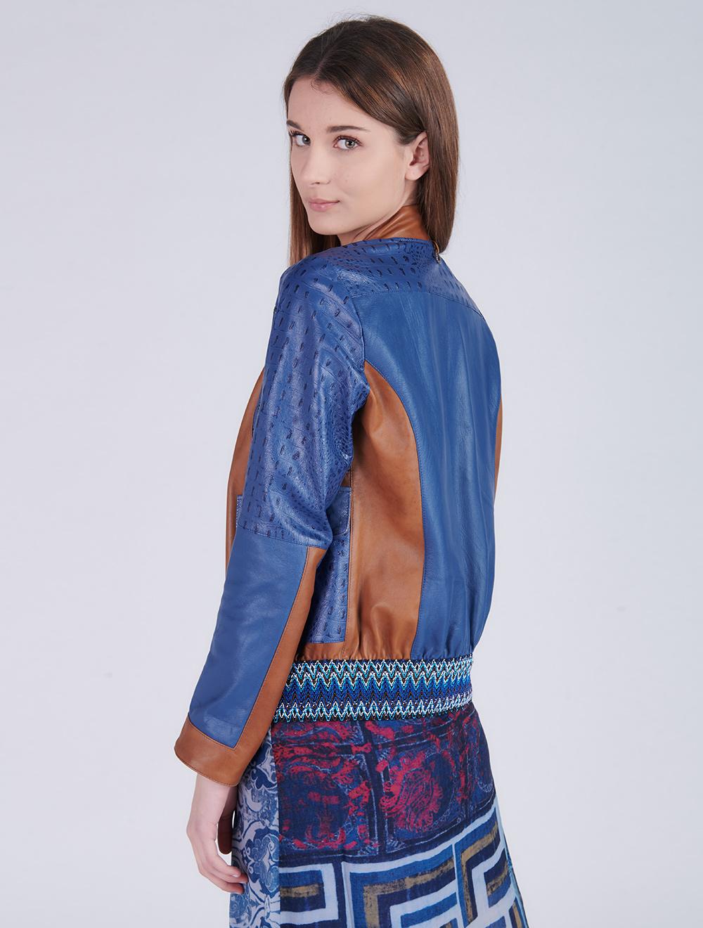 Save The Queen Giubbotto in pelle blu denim e color cognac lavorato ad intarsi Promozione