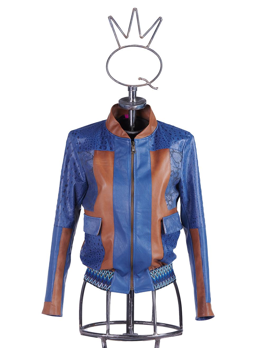 Save The Queen Giubbotto in pelle blu denim e color cognac lavorato ad intarsi Promozione