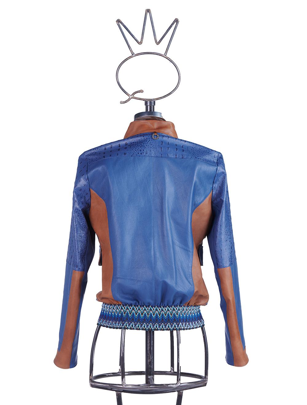 Save The Queen Giubbotto in pelle blu denim e color cognac lavorato ad intarsi Promozione