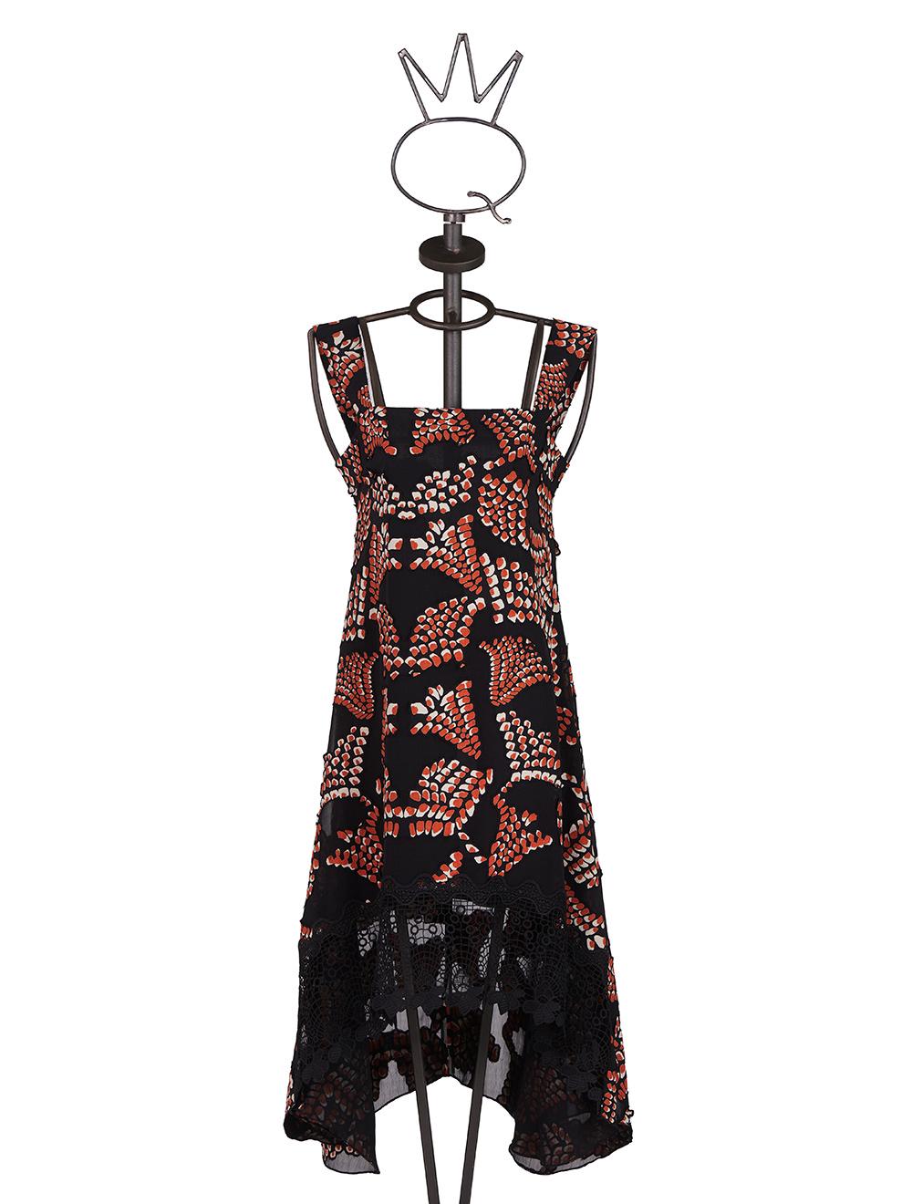 Save The Queen Vestito longuette asimmetrico in tessuto devoré astratto e pizzo macramè Fino Al -60%
