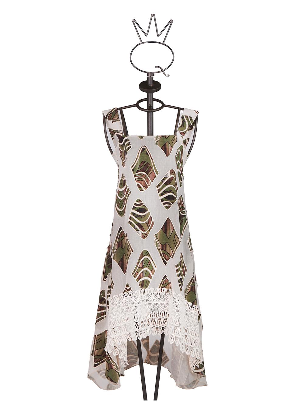 Save The Queen Vestito longuette asimmetrico in tessuto devoré motivo camouflage e pizzo macramè Italy