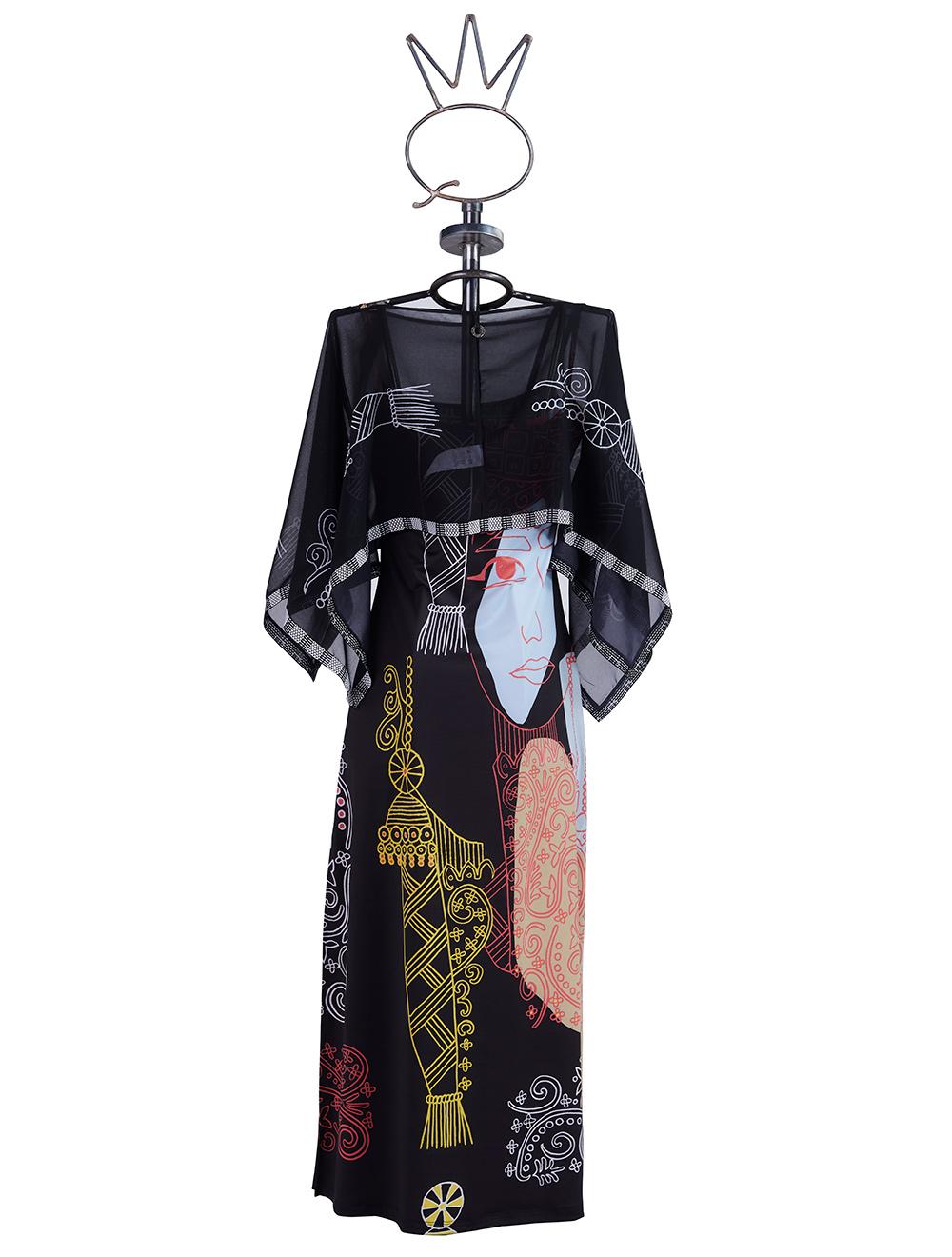 Save The Queen Vestito lungo con stampa astratta dedicata alle donne africane e poncho in tulle operato Spedizione Gratuita