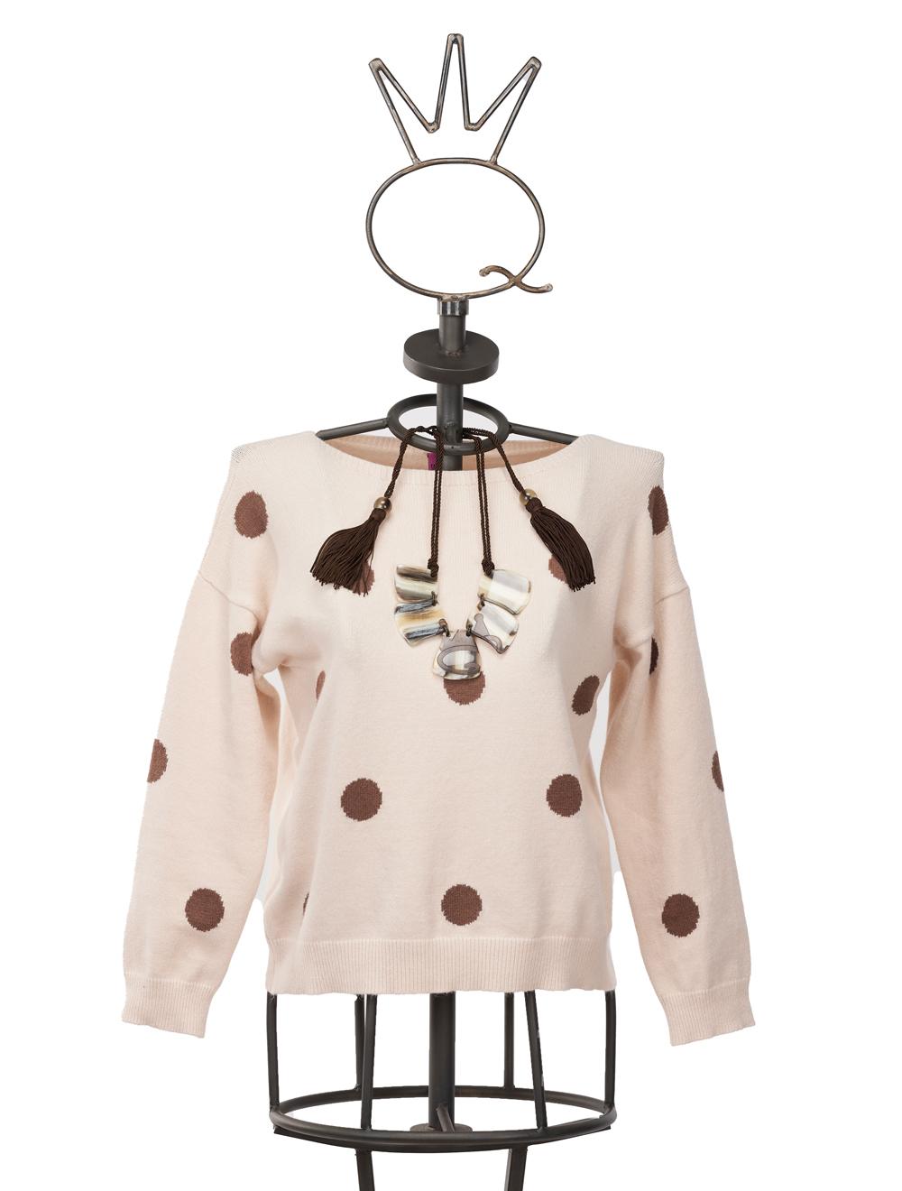 Save The Queen Maglia in viscosa beige a pois marroni con collana Offerta San Valentino