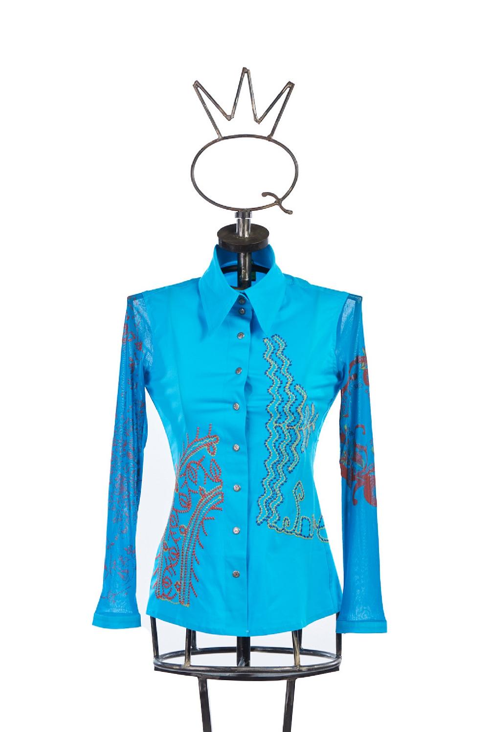 Save The Queen Camicia in cotone elasticizzato turchese con stampe e ricami Offerte stagionali