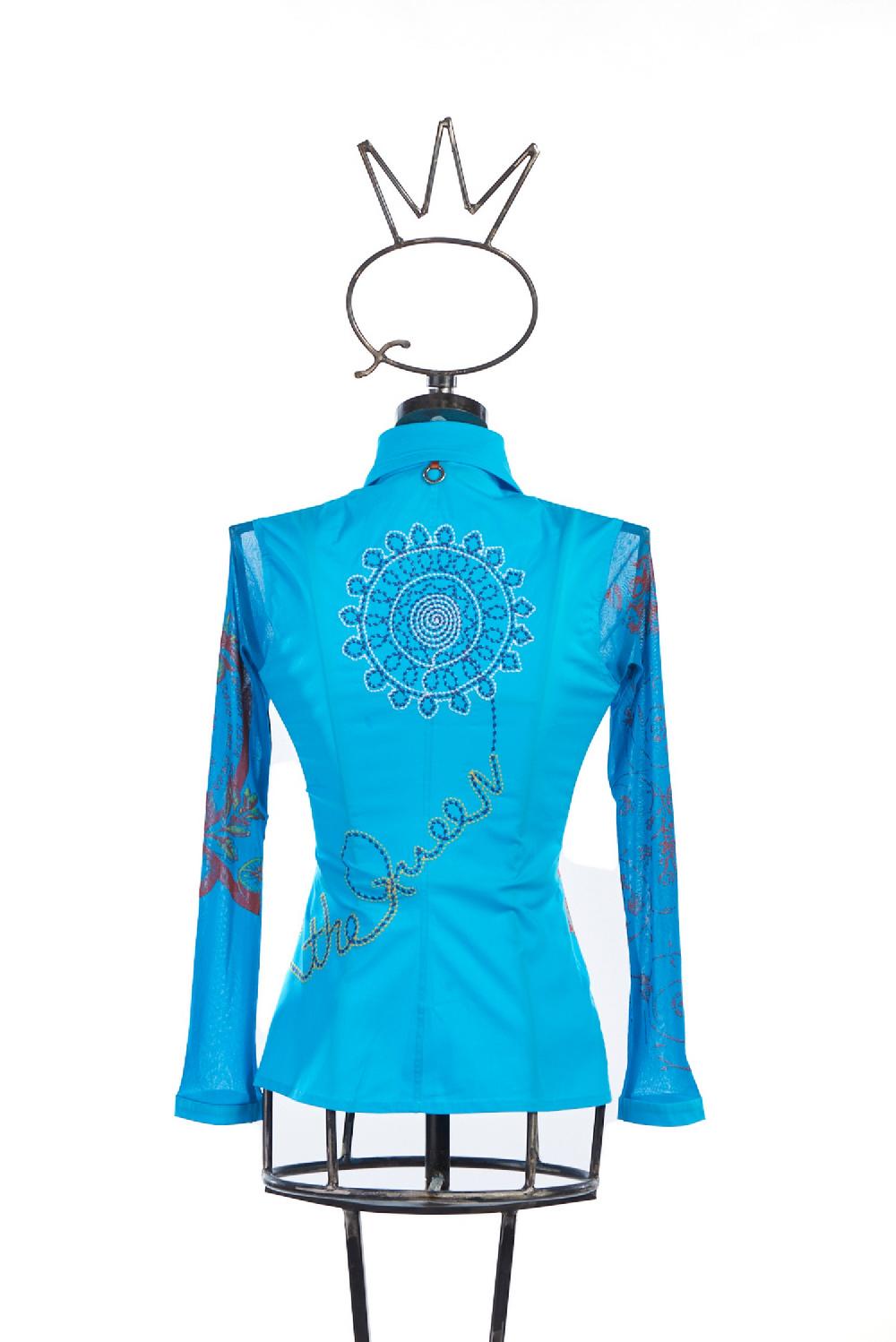 Save The Queen Camicia in cotone elasticizzato turchese con stampe e ricami Offerte stagionali
