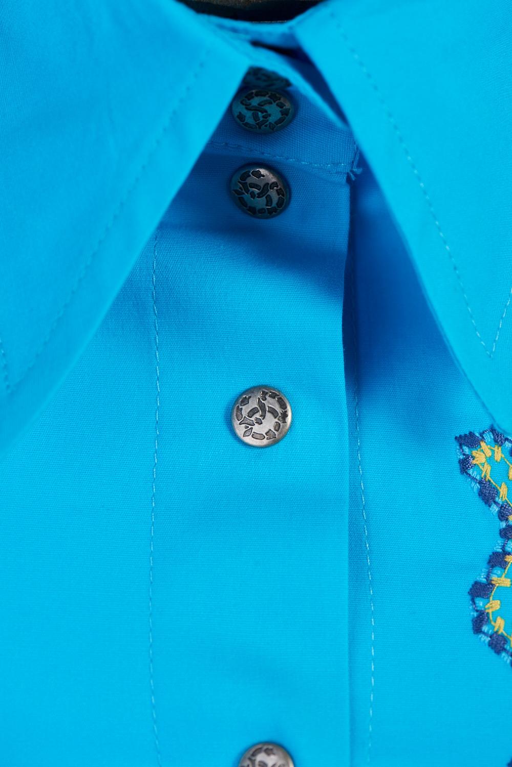 Save The Queen Camicia in cotone elasticizzato turchese con stampe e ricami Offerte stagionali