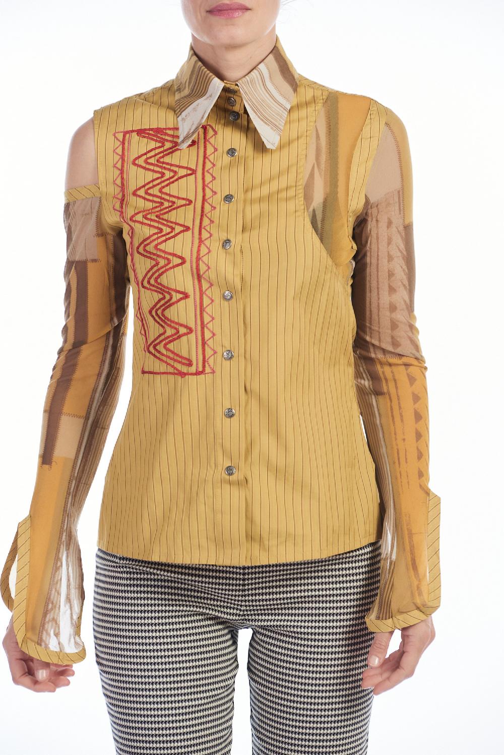 Save The Queen Camicia in cotone giallo ocra con righe e ricami Offerte speciali