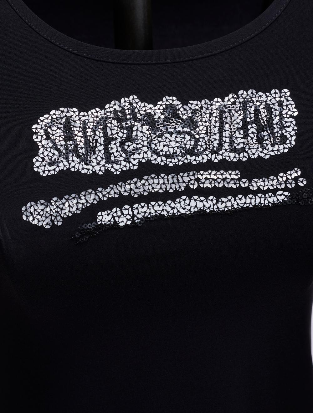 Save The Queen Canotta nera in tessuto stretch con ricamo di paillettes Promozione