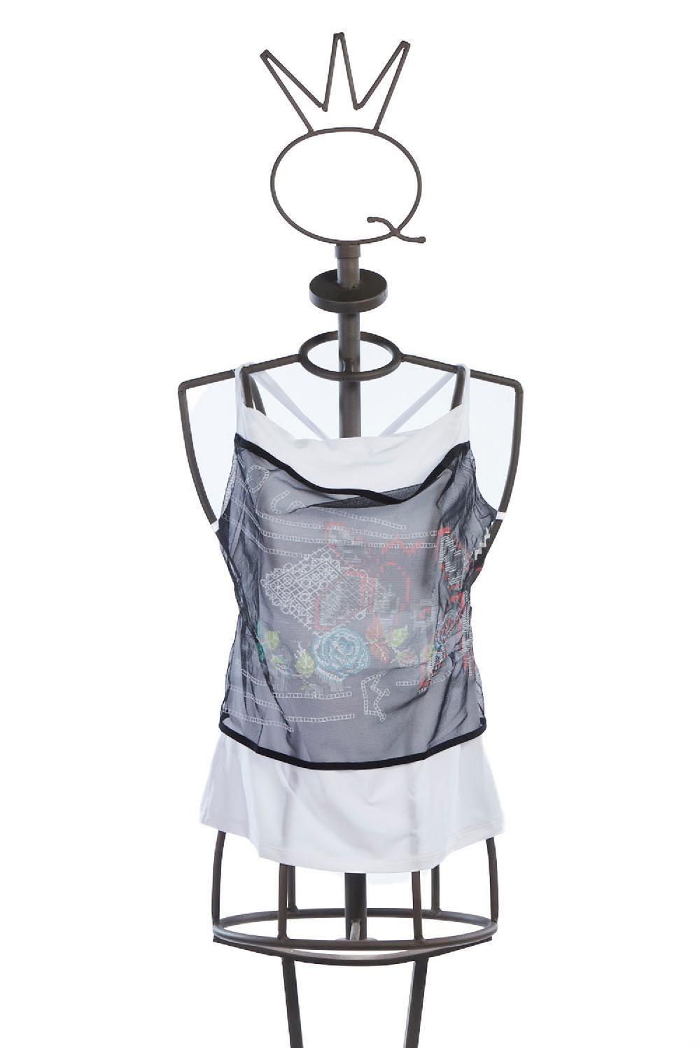 Save The Queen Top bianco con pannello in tulle nero stampato