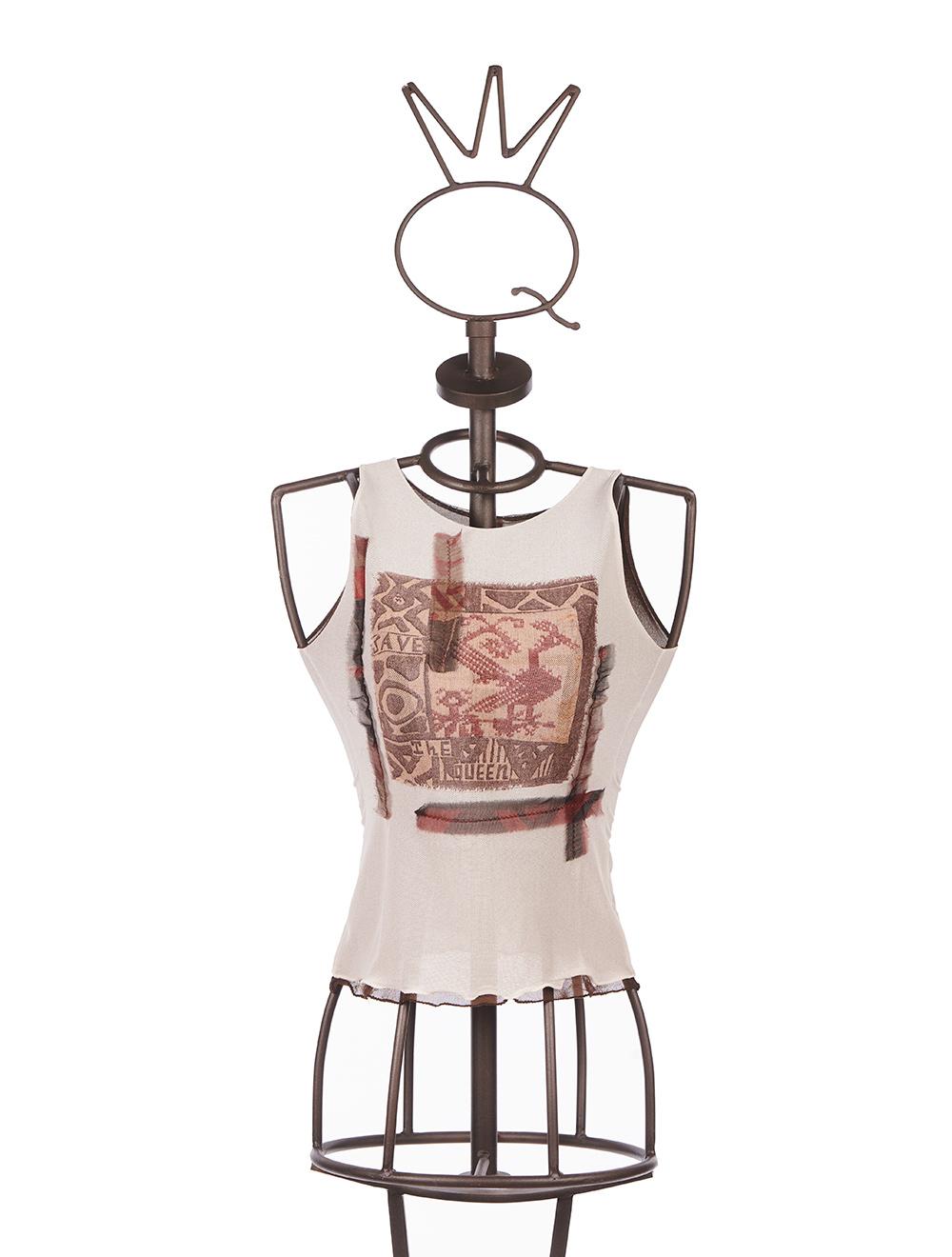 Save The Queen Top in tulle avorio e marrone con stampa Pezzi Unici
