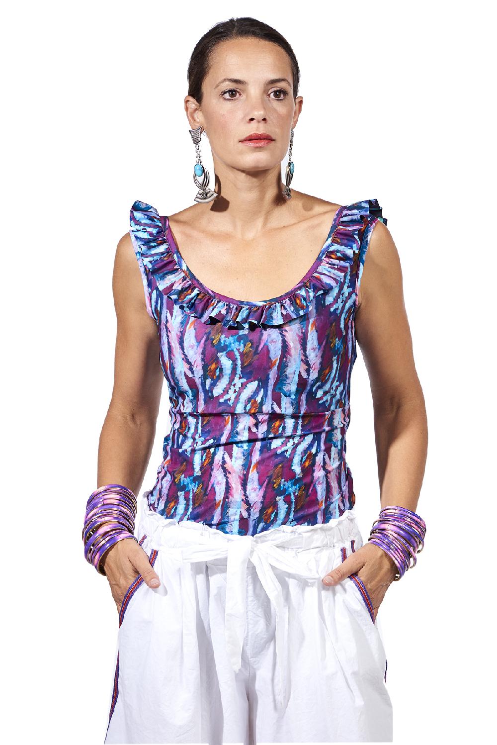 Save The Queen Top in jersey stampato con rouche Vendita Economica