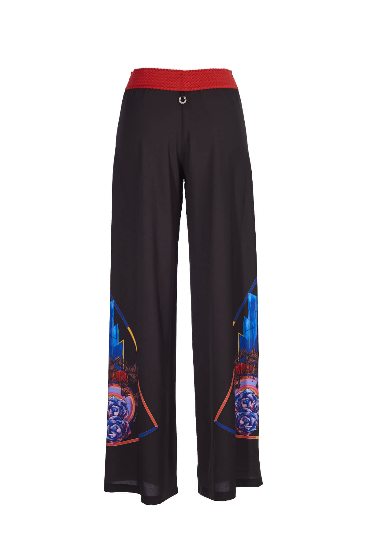 Save The Queen Pantaloni palazzo in crepe nero con dettaglio di stampa dedicata alla New Wave 2025