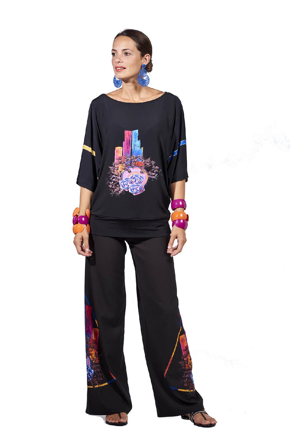 Save The Queen Pantaloni palazzo in crepe nero con dettaglio di stampa dedicata alla New Wave 2025