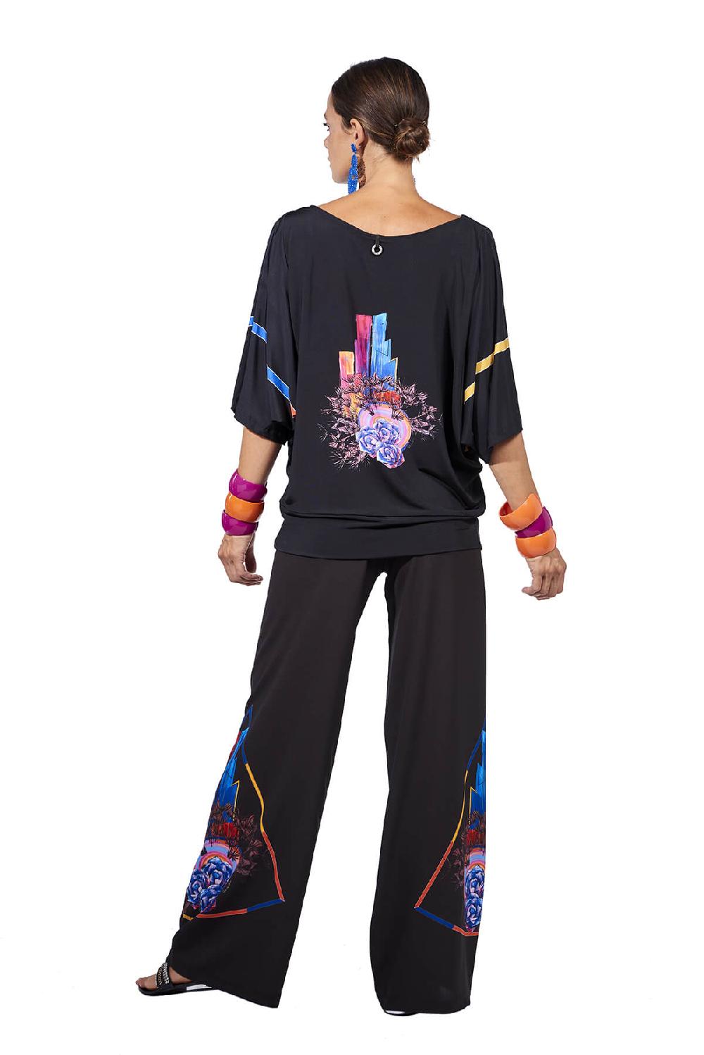 Save The Queen Pantaloni palazzo in crepe nero con dettaglio di stampa dedicata alla New Wave 2025