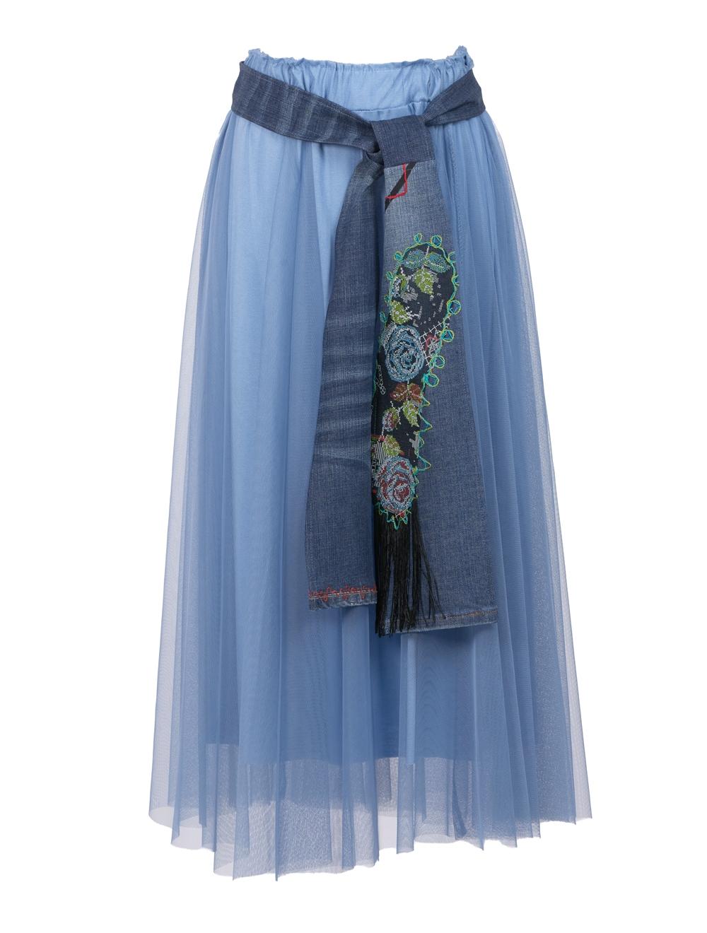 Save The Queen Gonna lunga azzurro polvere con fusciacca in jeans ricamato Sottocosto