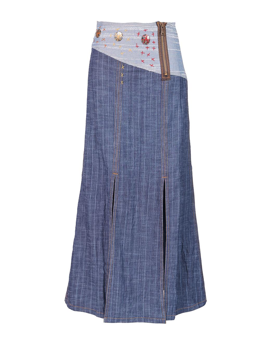 Save The Queen Gonna lunga blu denim gessata con stampa
