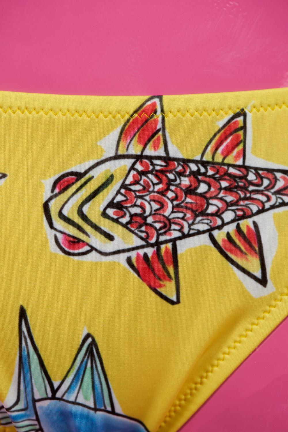 Save The Queen Bikini giallo a fascia con stampa pesci Black Friday Prezzi