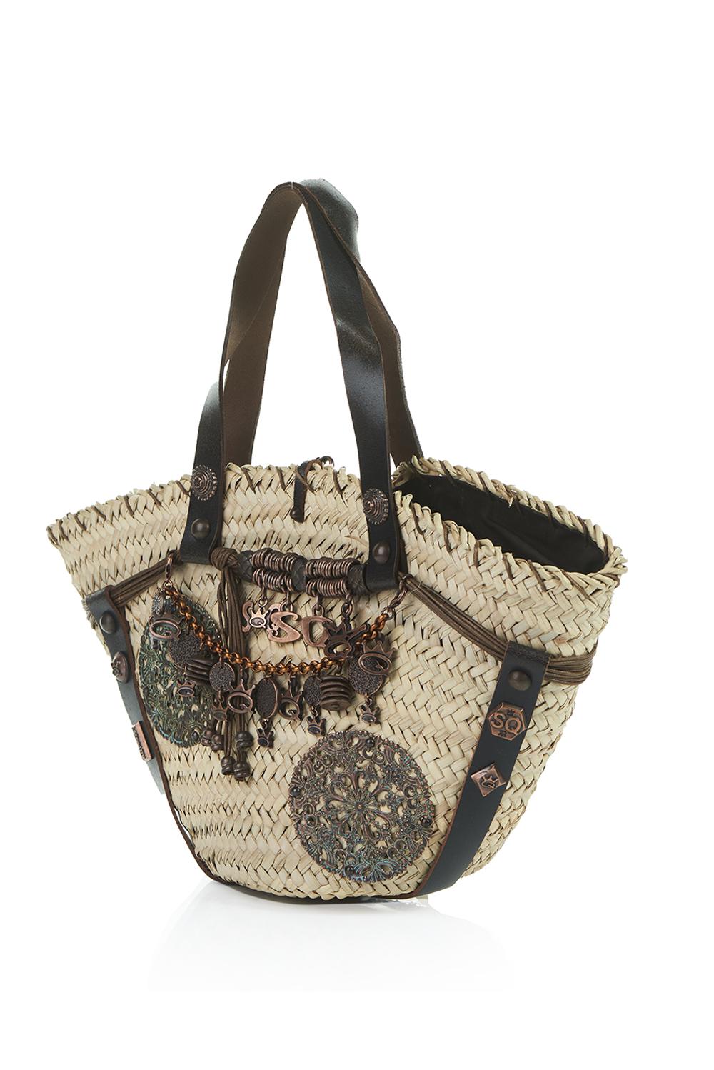 Save The Queen Borsa in paglia e pelle con decorazioni Duty-free