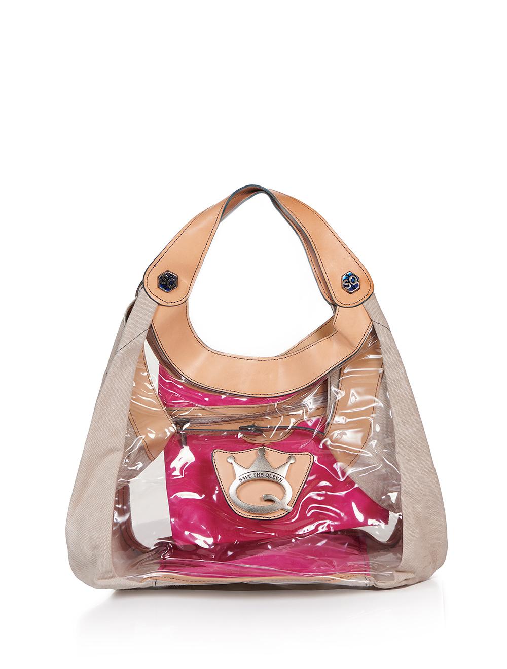Save The Queen Borsa media trasparente con dettagli in tela e cuoio