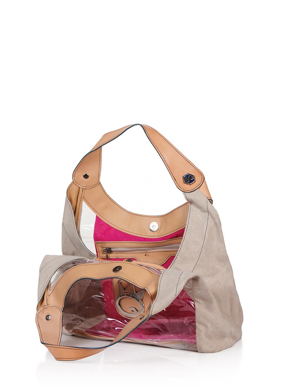 Save The Queen Borsa media trasparente con dettagli in tela e cuoio 50% di sconto per tempo limitato