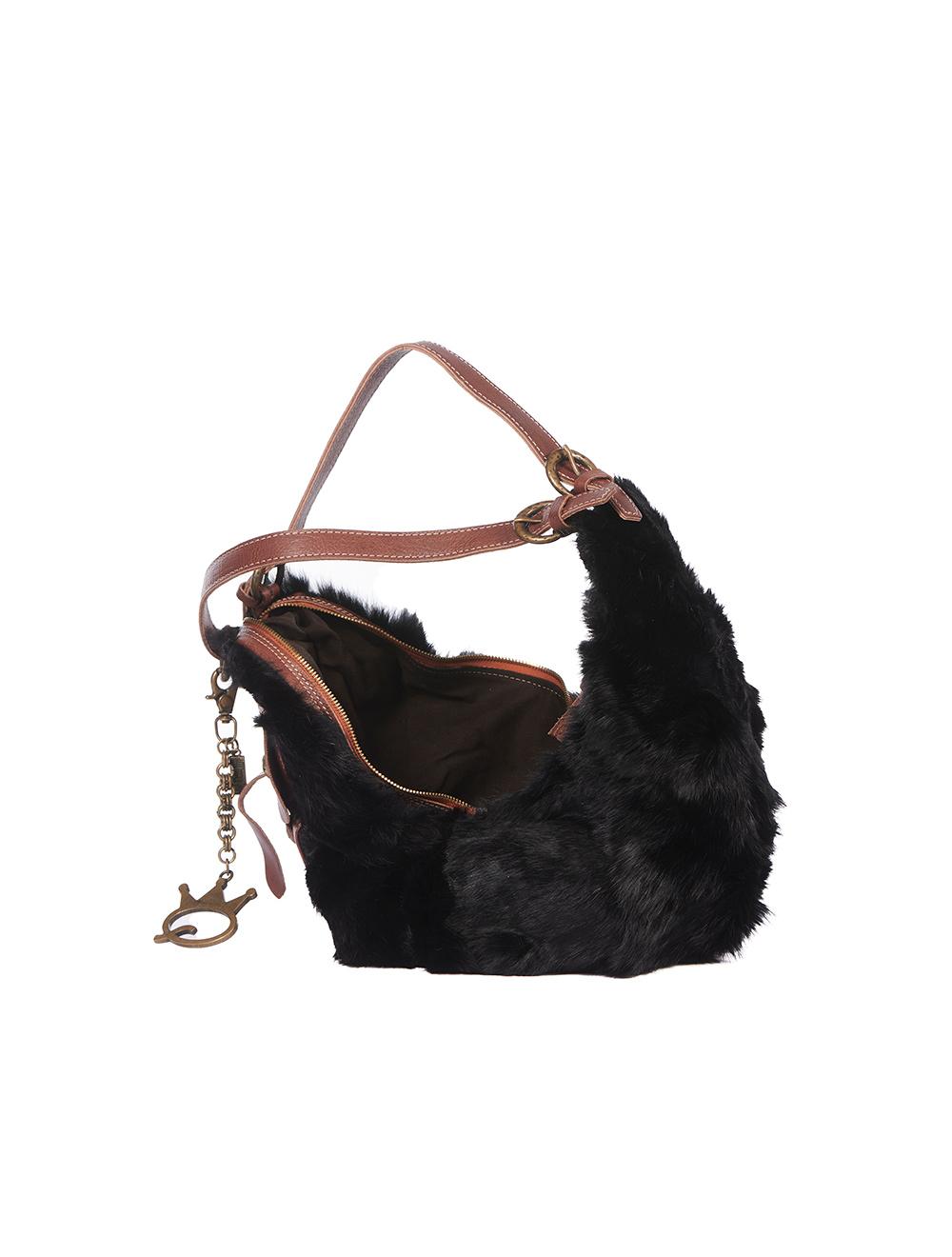 Save The Queen Borsa in pelle marrone e pelliccia nera Vendita Economica