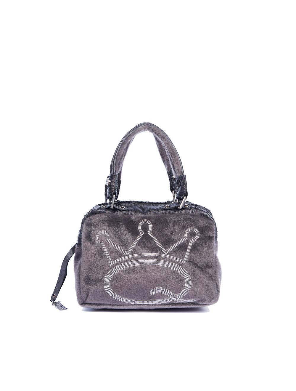 Save The Queen Borsa media in eco pelle nera e cavallino grigio con ricamo I Più Venduti