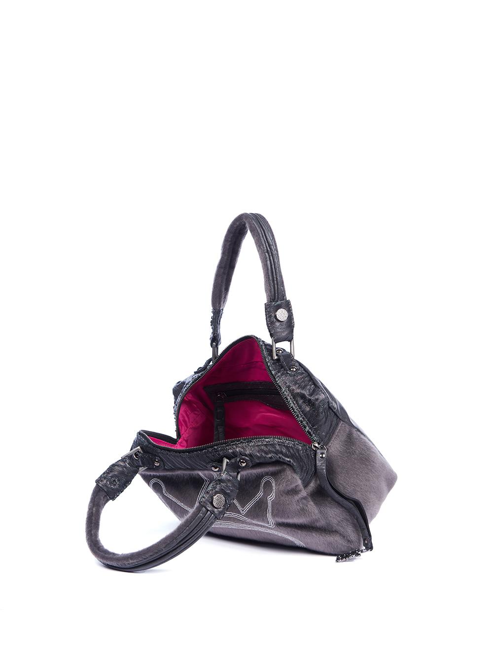 Save The Queen Borsa media in eco pelle nera e cavallino grigio con ricamo I Più Venduti