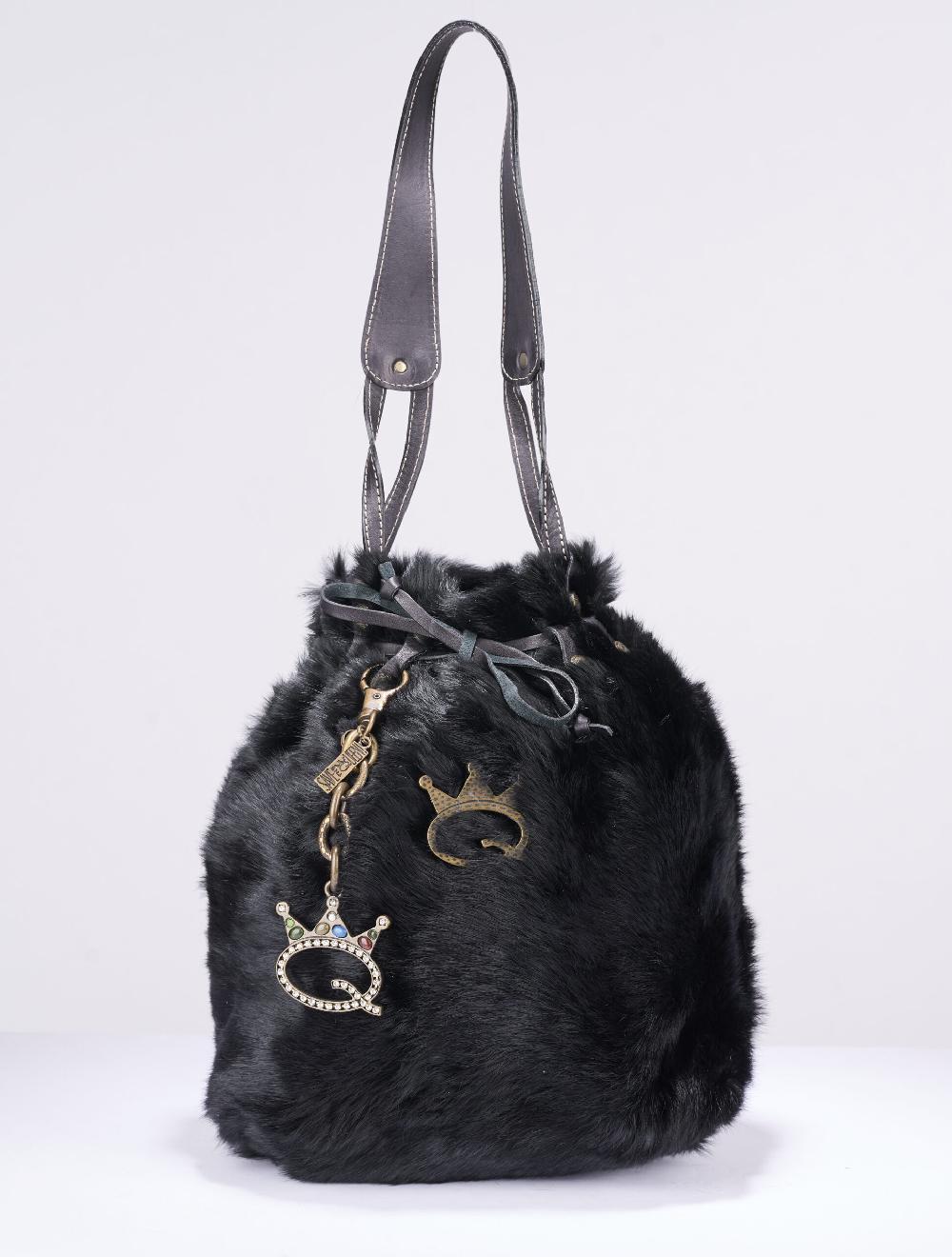 Save The Queen Borsa a spalla in lapin e pelle nera Spedizione gratuita