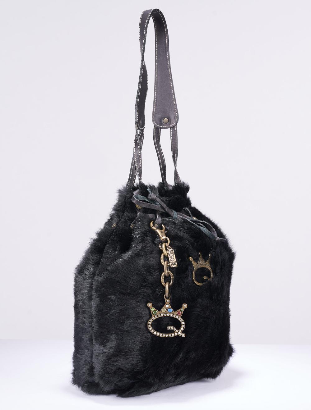 Save The Queen Borsa a spalla in lapin e pelle nera Spedizione gratuita