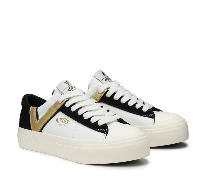 VIRTUS PALESTRE Rubby Low Leather/suede off white/black-gold In Saldo